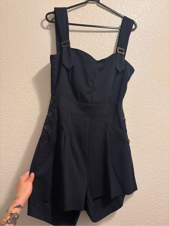 Unique Vintage Pants - Unique Vintage Navy Blue Romper with Buckle Straps